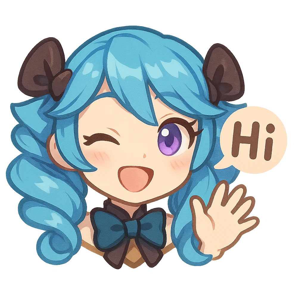 Gwen from League of Legends, chibi emote style, only head visible, right eye purple, bright hi expression, waving hand, eyes open, cute and expressive emoji