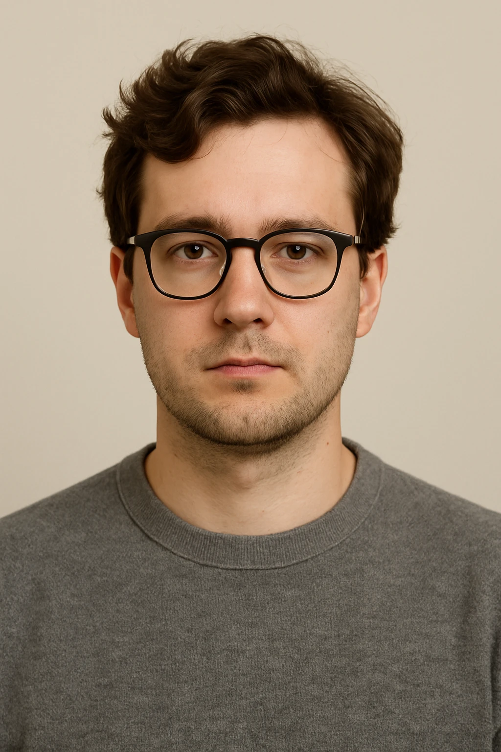 white male with glasses and brown wavy hair, neutral expression, simple background emoji