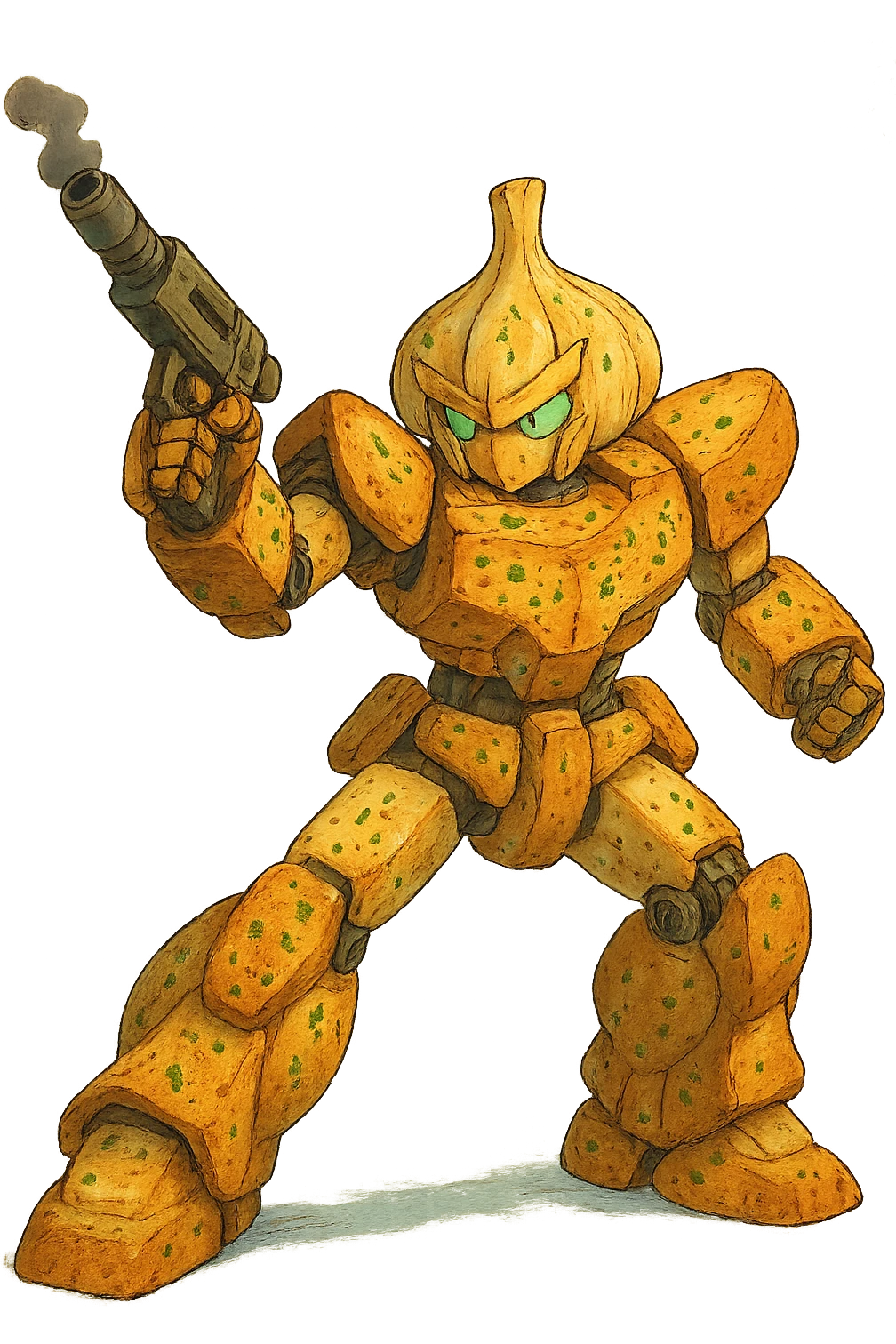A transforming robot warrior with his blaster raised, action pose, except it’s garlic bread  emoji