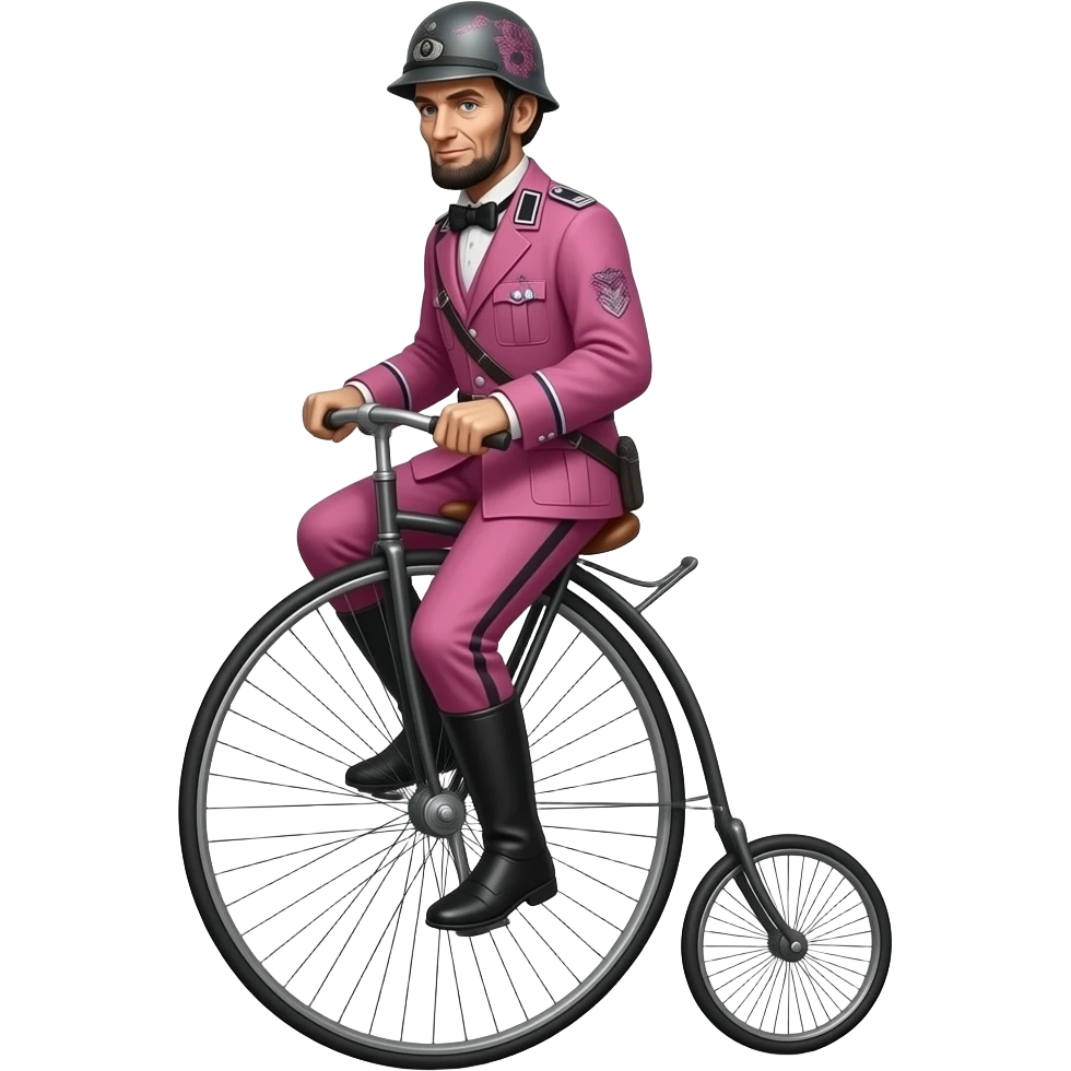 steampunk - Abraham Lincoln in a pink German World War II uniform with a pink tattoo helmet rides a velocipede emoji
