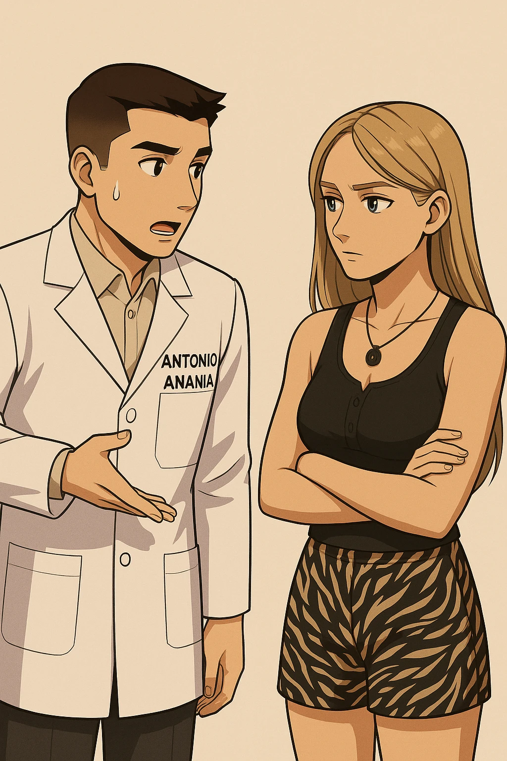 fai un webtoon/manga a colori con questo kinesiologo in camice bianco (fagli la scritta "ANTONIO ANANIA" SUL CAMICE) CHE PARLA CON QUESTA RAGAZZA CON GLI OCCHI AZZURRI. la ragazza gli fa una domanda e IL KINESIOLOGO CON IL CAMICE BIANCO LE risponde. NON FARE I FUMETTI, FAI SOLO LORO COME SE DIALOGASSERO emoji