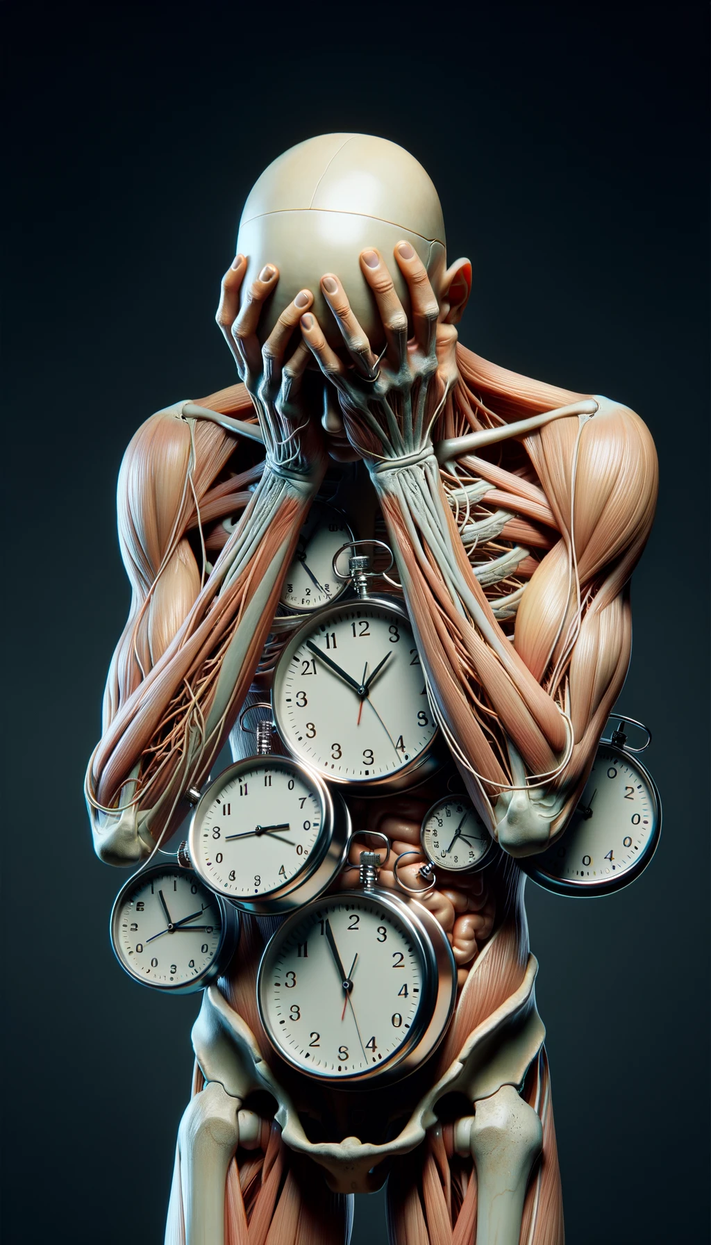 corpo umano anatomico CHE TIENE OROLOGI NELLE MANI E STA IMPAZZENDO PERCHé NON RIESCE A SVOLGERE TUTTE LE SUE ATTIVITà QUOTIDIANE: NON HA TEMPO, iperrealistico 4k emoji