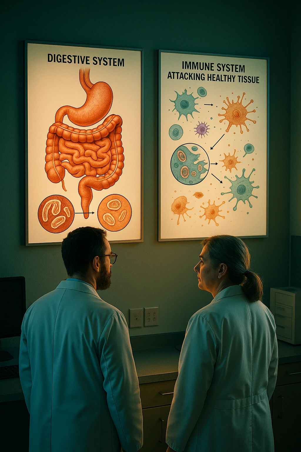 In italiano Realistic, detailed photo taken from behind of two doctors—a bearded man and a middle-aged woman—standing side by side in a modern medical office, intently studying a large, illuminated medical chart on the wall. The chart displays a detailed diagram of the human digestive system, highlighting the intestines and showing microscopic images of intestinal parasites. Next to it, another chart illustrates the immune system attacking healthy tissues, visually connecting gut parasites to autoimmune disease mechanisms. The room is bathed in a single green-blue color, with a warm, yellow-orange light casting soft shadows around the doctors. Both wear white coats and have serious, focused expressions, suggesting a deep discussion about the root causes of autoimmune conditions. Shot with a Canon EOS R5, with high detail, natural depth of field, and a clinical yet dramatic atmosphere. emoji
