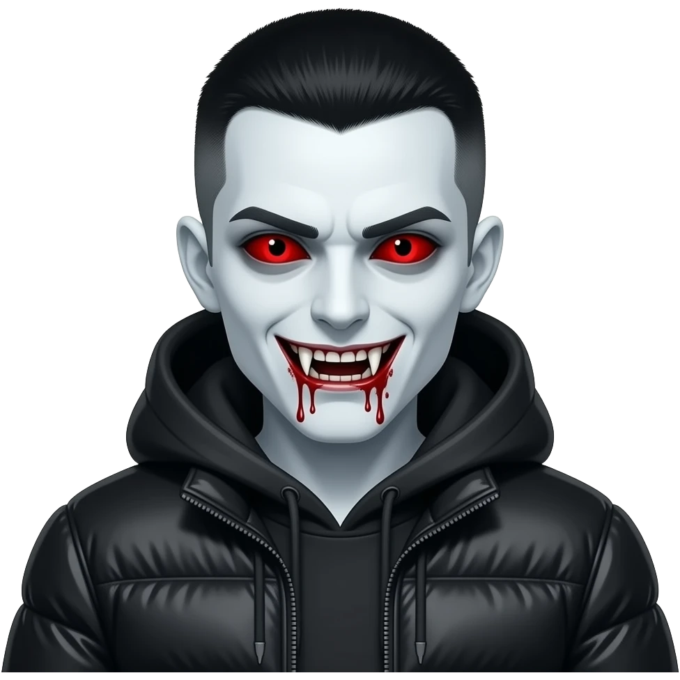 create a picture of a white pale vampire with buzzcut black hair and full red sclera with no pupil and long fangs and bloody mouth and full black moncler jacket closed and wearing the hoodie on his head- make his scary emoji