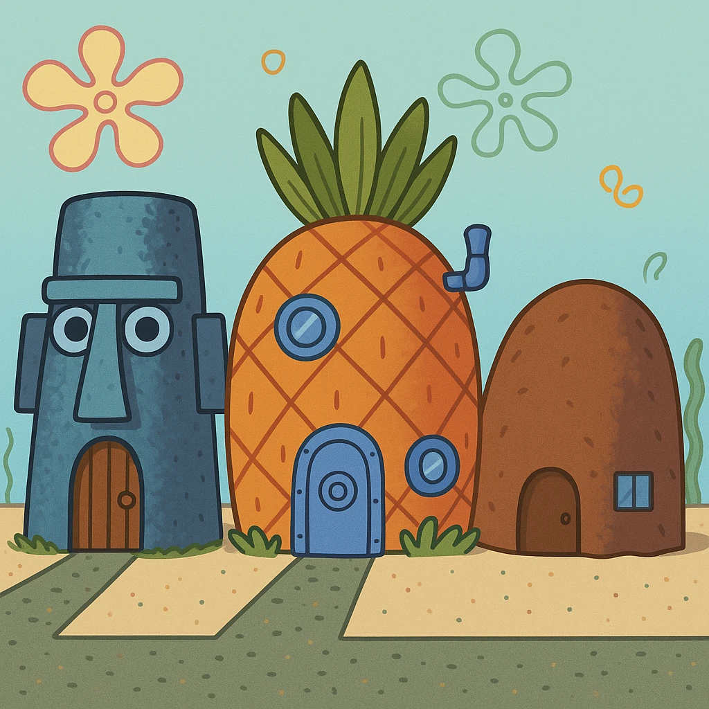 All three houses together in Bikini Bottom, cartoon style emoji