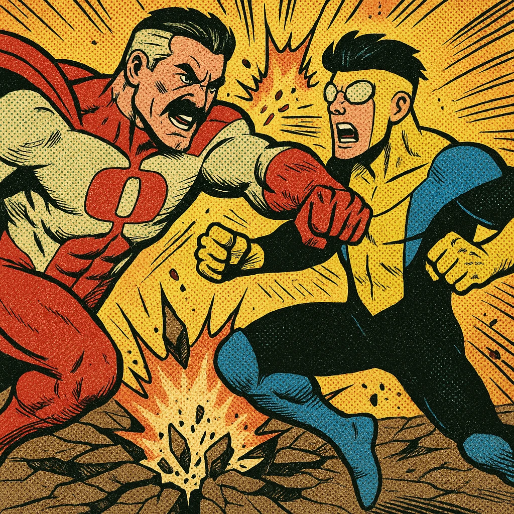 Omni-Man and Invincible exchanging blows, comic book style, shattered ground, explosive impact, high energy emoji