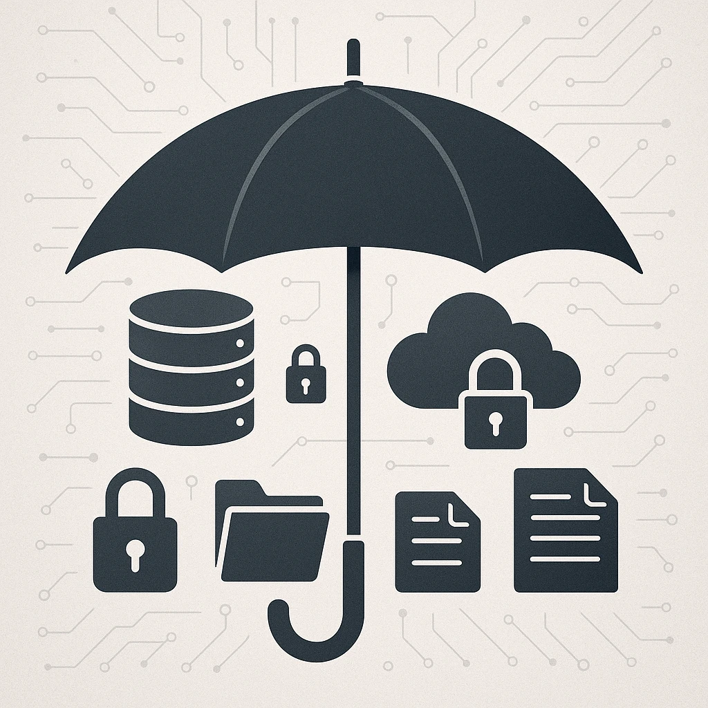 security and risk management, umbrella covering data icons, protective style emoji