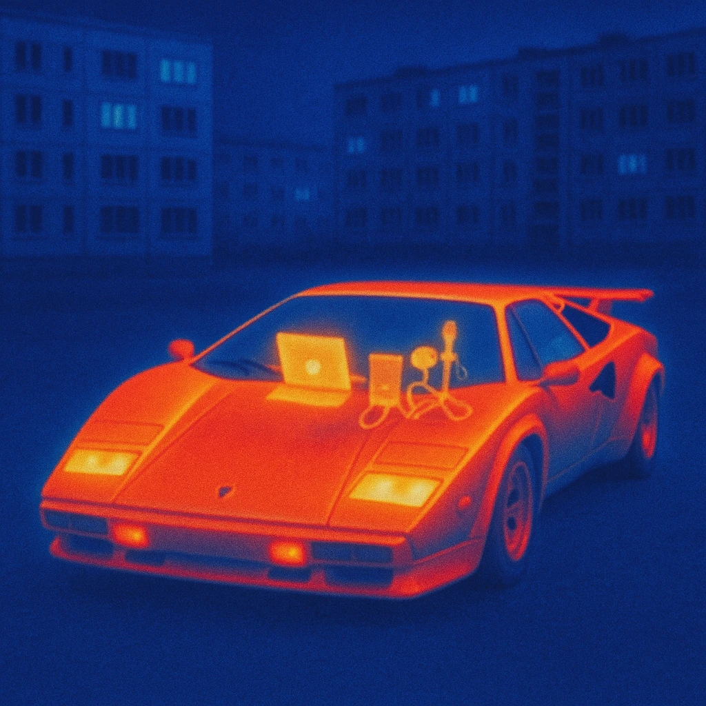 Lamborghini Countach with everything needed for sound recording and a laptop on the hood in a suburban background of Russian panelki emoji