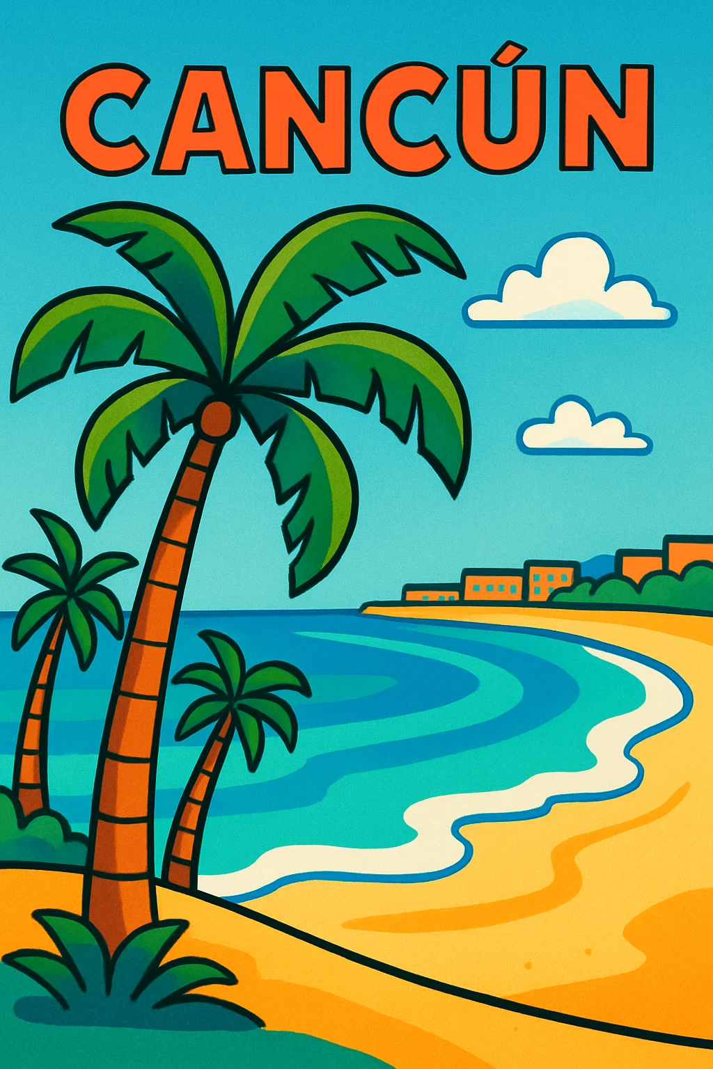 Cancun beach scene with palm trees, turquoise water, white sand, vibrant and inviting emoji