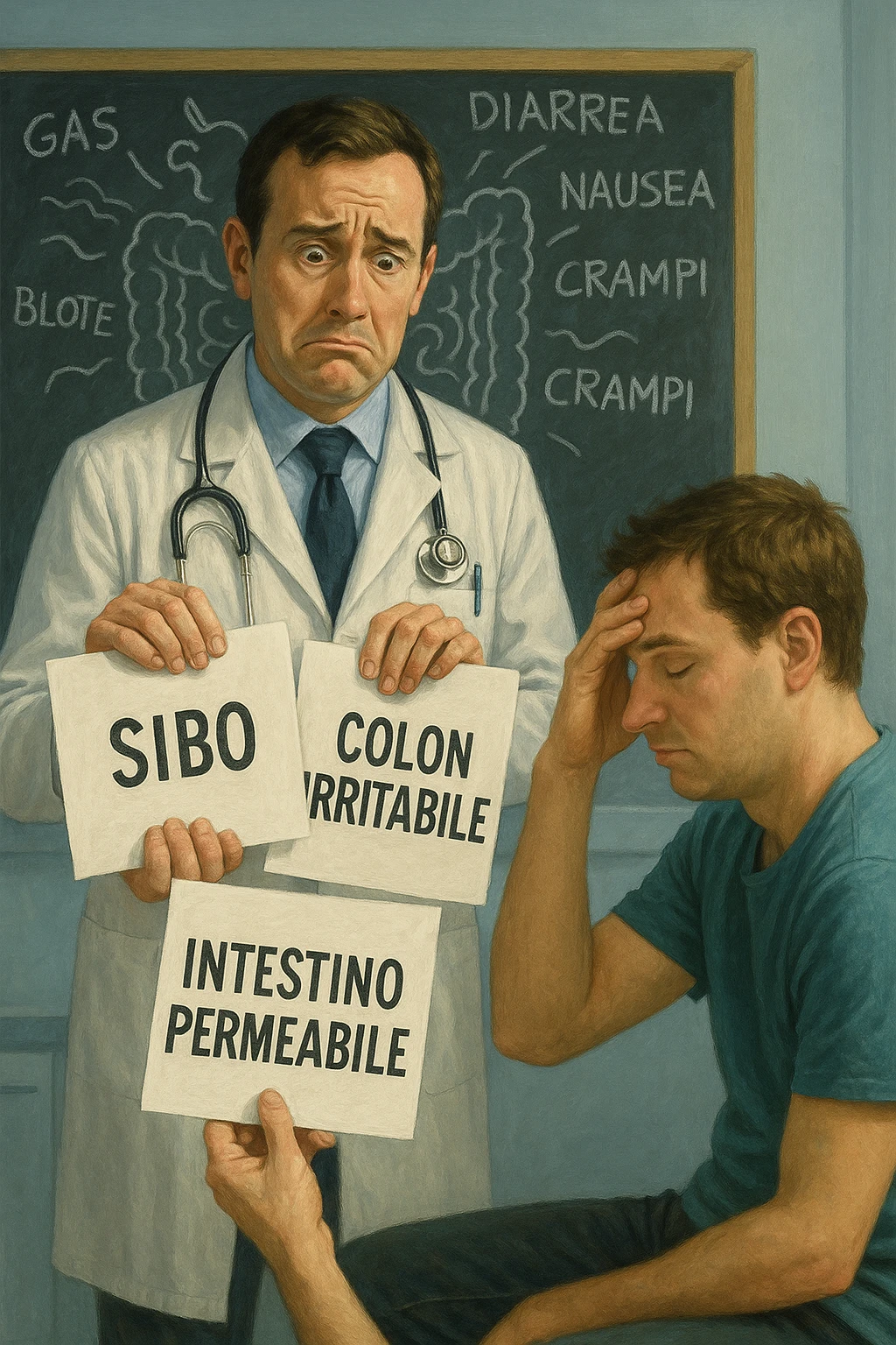 Scena clinica con un medico confuso in camice bianco davanti a un paziente seduto. Il medico ha tre fogli in mano, e li mostra uno alla volta con espressione incerta: il primo dice 'SIBO', il secondo 'Colon Irritabile', il terzo 'Intestino Permeabile'. Il paziente ha un’espressione confusa e scoraggiata, con una mano sulla fronte. Sullo sfondo una lavagna caotica con disegni di intestino e sintomi ovunque. Stile realistico con tocchi ironici, toni freddi da ambulatorio ma con un messaggio visivo forte di incertezza diagnostica. in italiano emoji