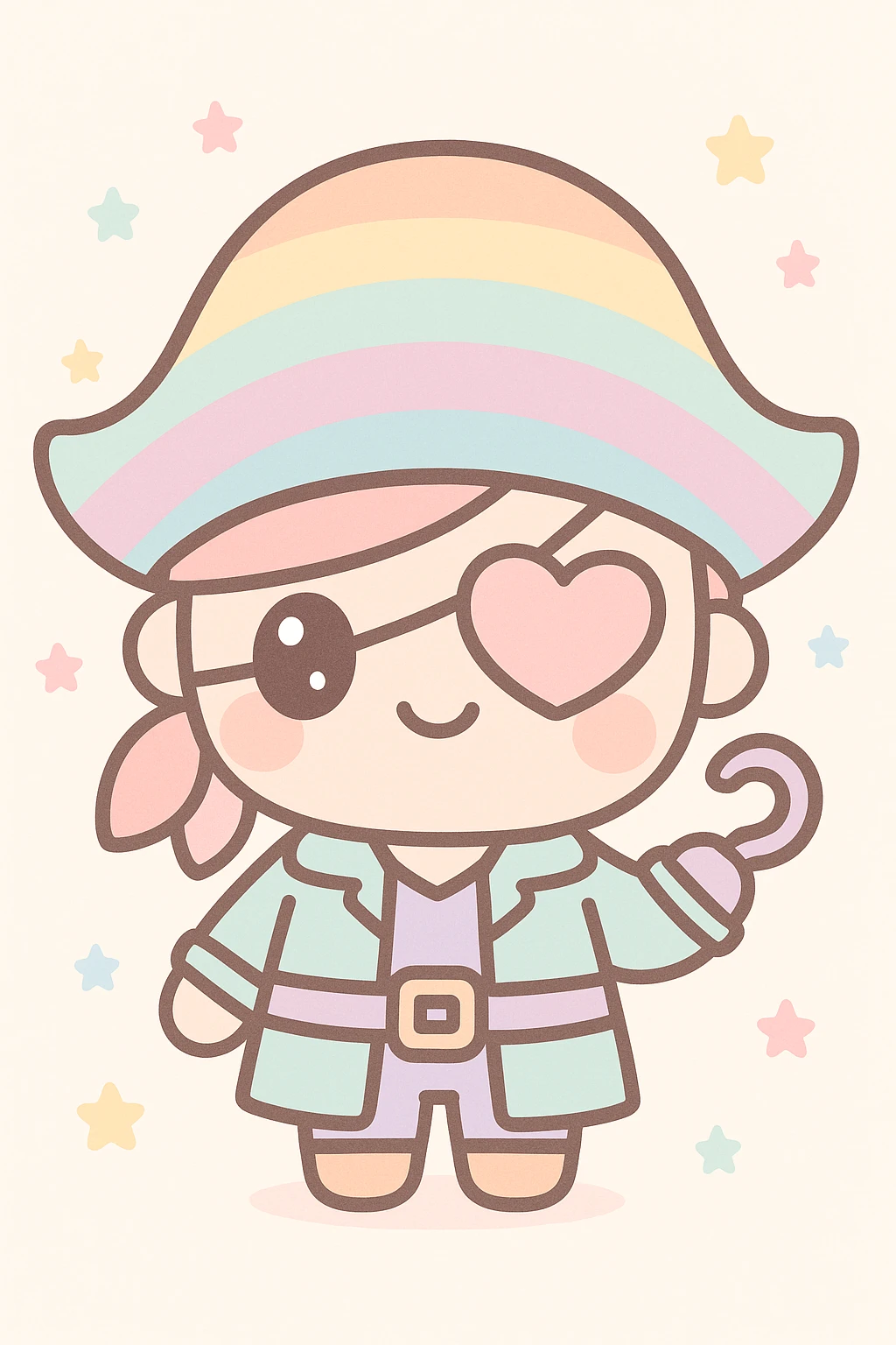 cute pirate with rainbow-striped hat and heart-shaped eye patch, kawaii style emoji
