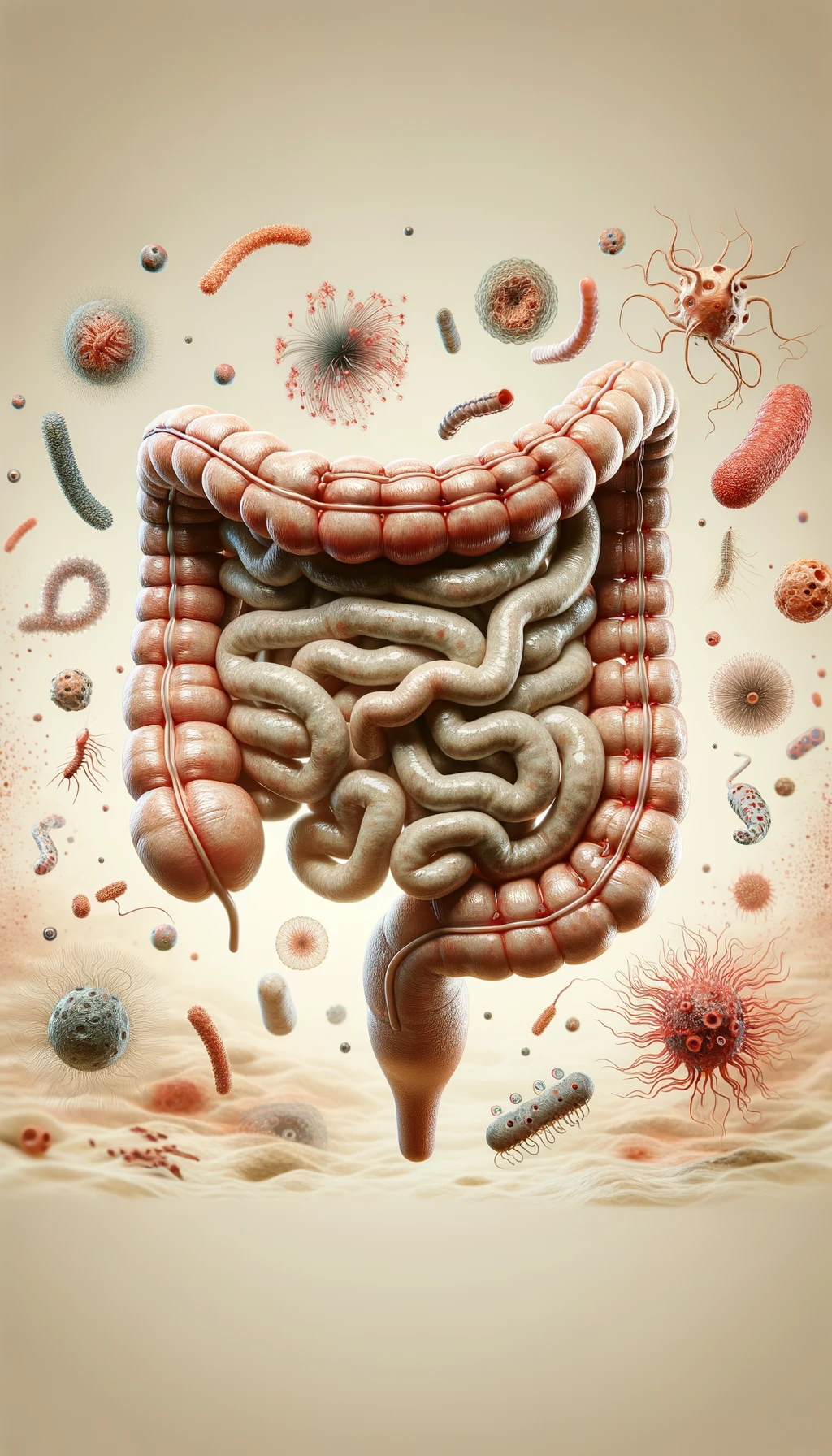 intestino umano anatomico con batteri e parassiti che gli fluttuano dietro, sfondo beige molto chiaro, iperrealistico 4k emoji
