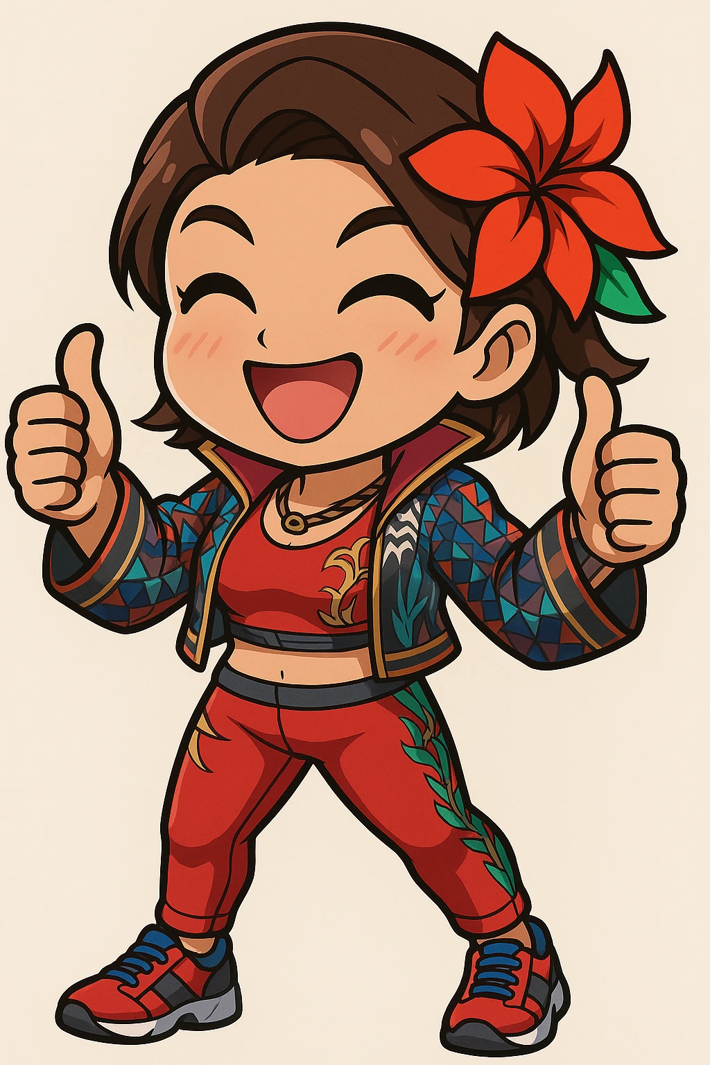 Azucena from Tekken 8 in chibi sticker style, giving a double thumbs up with a super happy expression, wearing the detailed red and patterned outfit from the reference images, designed for Twitch emote use. emoji