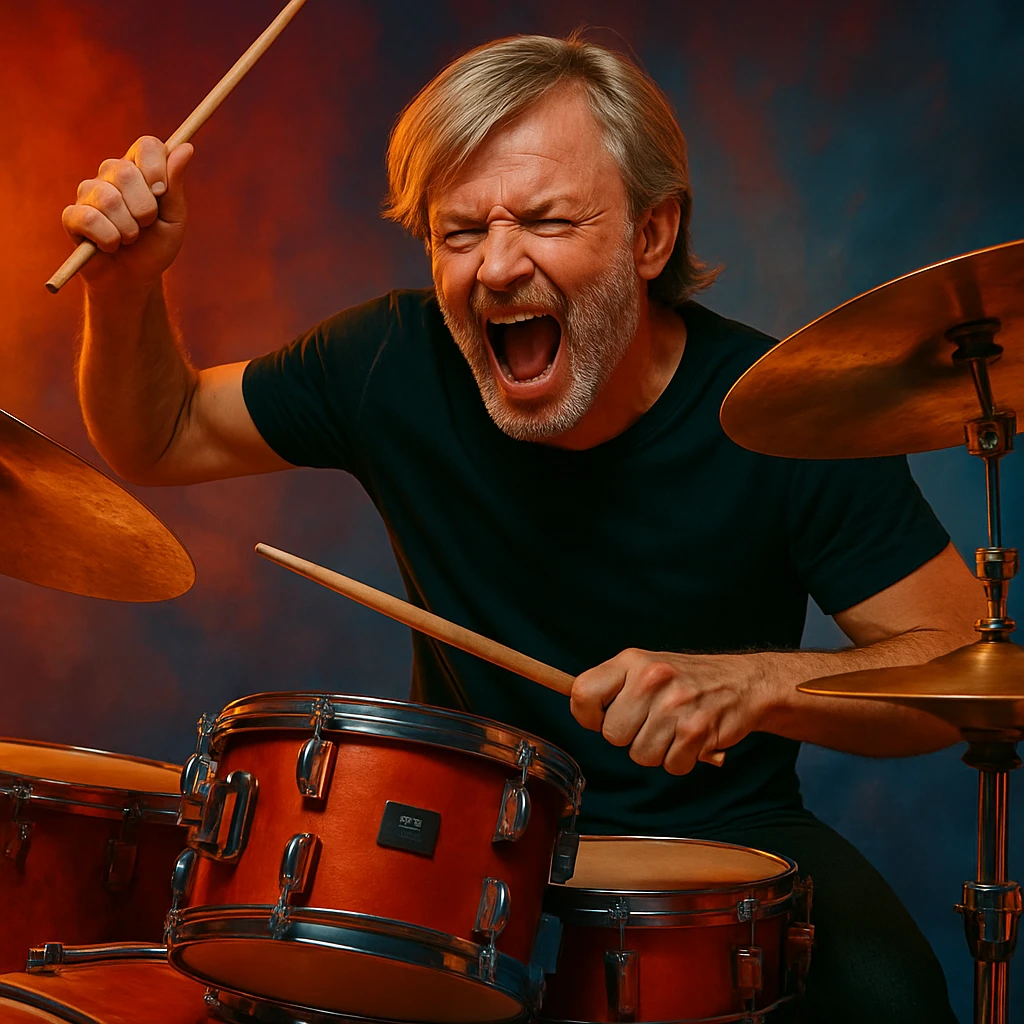 Make the male drummer look older with mature facial features and subtle signs of age, while keeping the blonde long-on-top bangs hairstyle and maintaining an energetic vibe. emoji