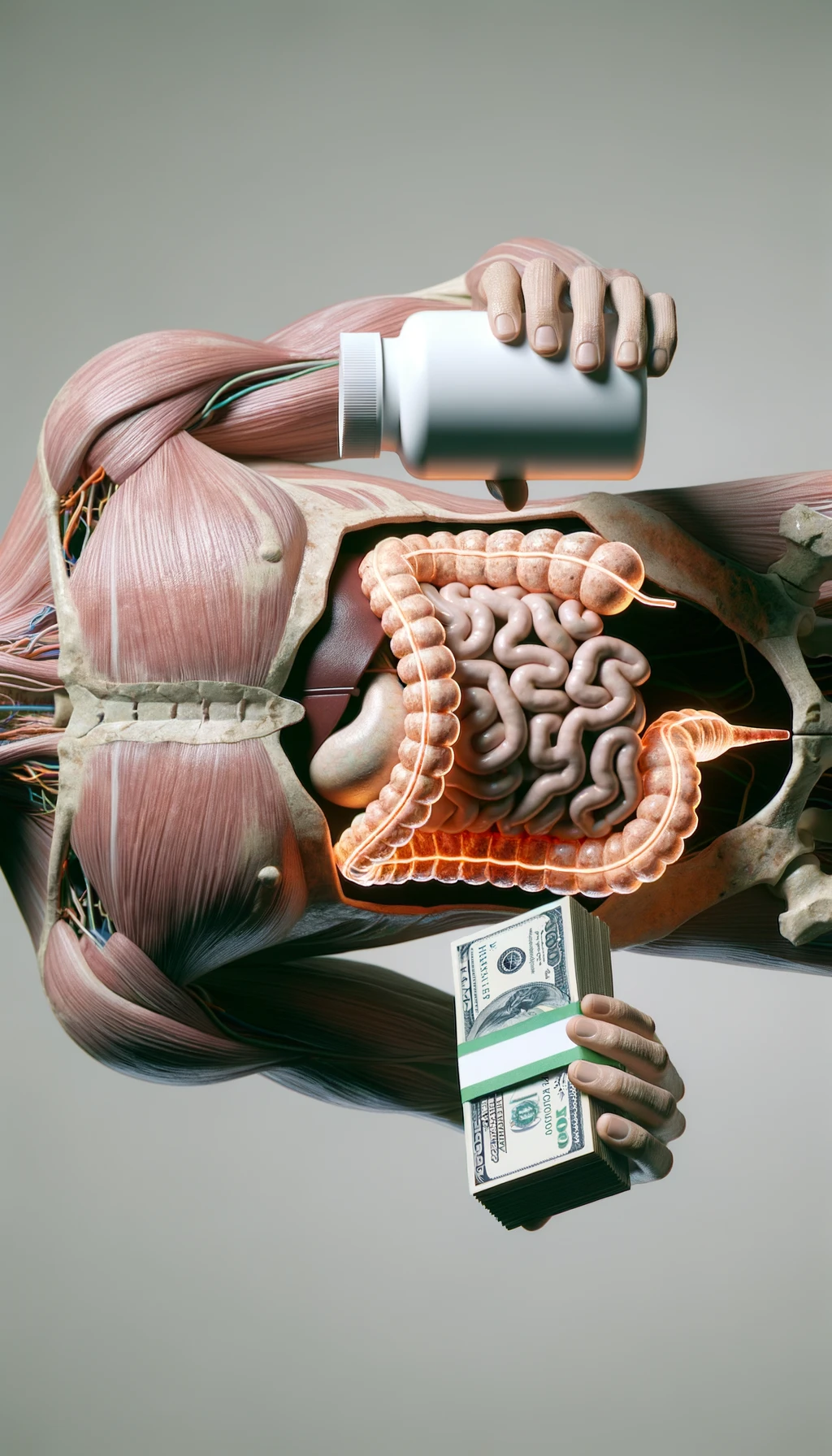 corpo umano anatomico con intestino umano anatomico realistico in evidenza che tiene nella mano destra una boccetta di integratore e nella mano sinistra delle banconote, sfondo neutro chiaro, iperrealistico 4k emoji