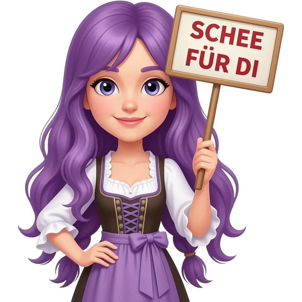 girl with long purple hair wearing a dirndl holding a SCHEE FÜR DI sign emoji