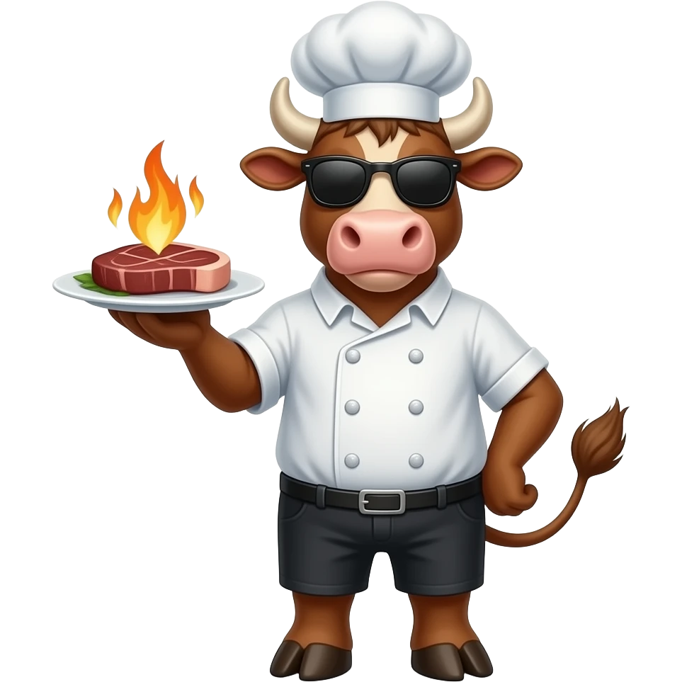 a  cool male brown cow with chef hat sunglasses serving you a steak emoji