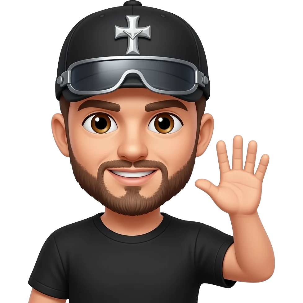 Brown eyes, rock cap with metallic clips on the cap visor , rock cross on the cap , black teeshirt, saying hi, no ratio, no chain, short hair , browning beard, no withstand emoji