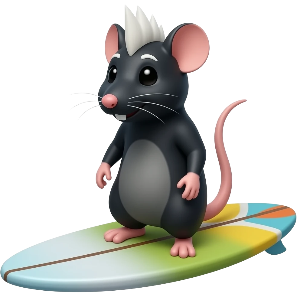 small black rat with white mohawk on a surf board emoji