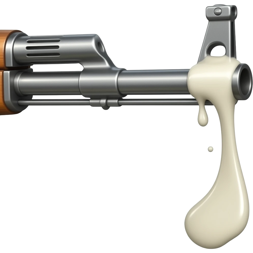 An ak47 that leaking white liquid from the main gun has low trajectory so the white liquid has an arc stream down the stream has to look as if it has been shot from the barrel emoji