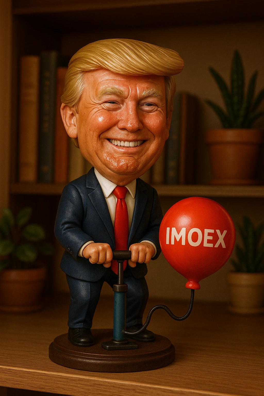 Дональд Трамп  улыбается в поте лица качает через насос, который подключен к шарику, который символизирует фондовый рынок и на нём написано IMOEX emoji