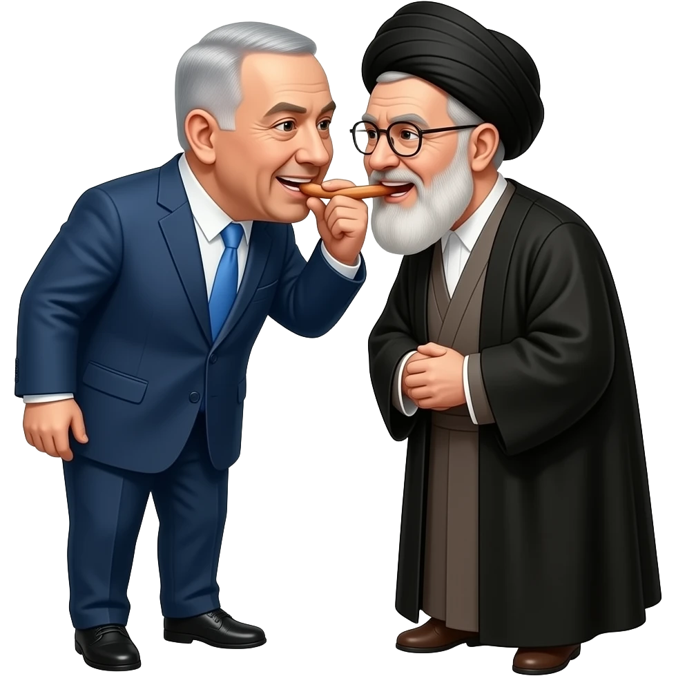 benjamin netanyahu meets ali khameni the ayatollah and they bite eachothers jaw emoji
