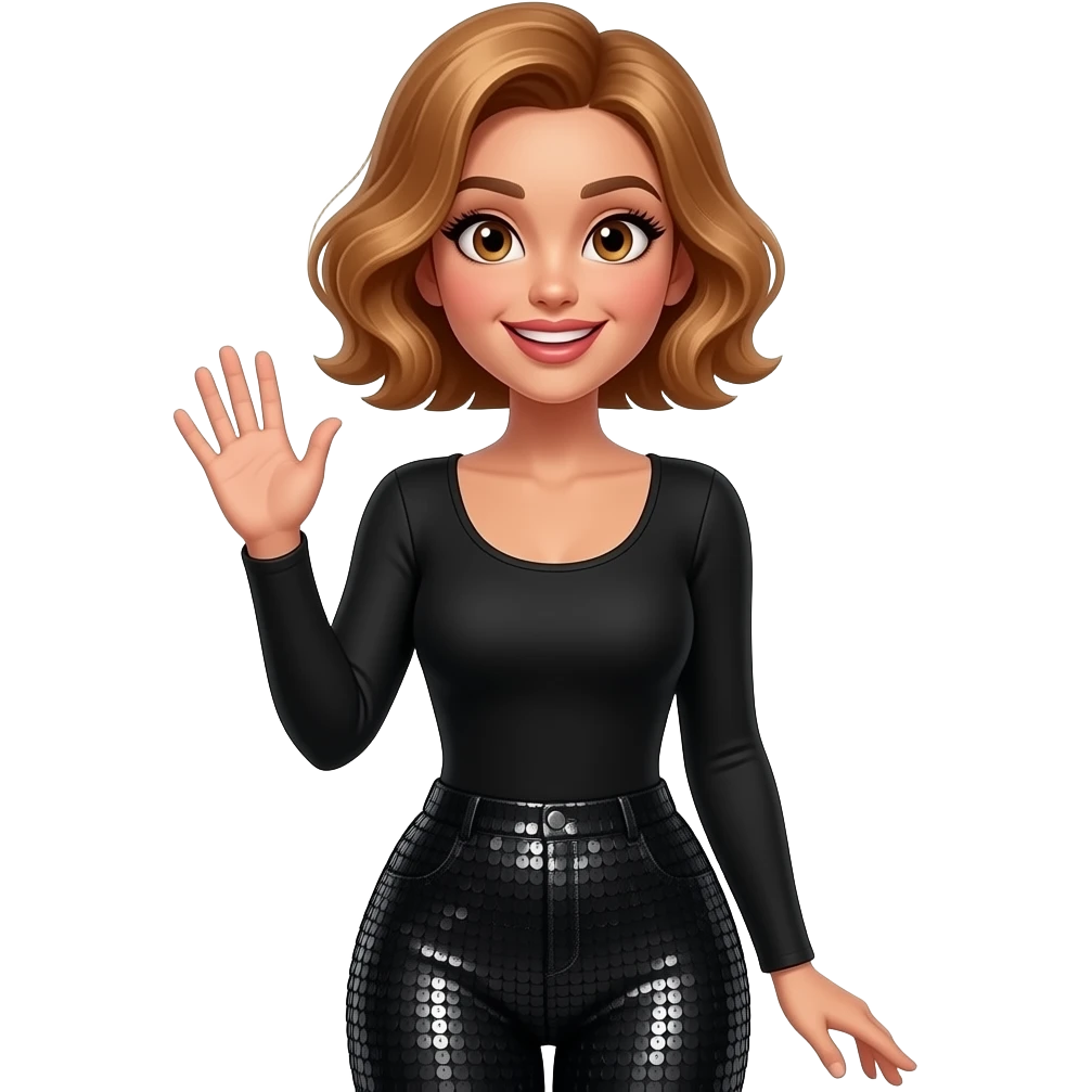 glamours,-tanned,-very-beautiful-girl,-with-big-pump-peach-beige-rose-lips,-long-long-lashes,-honey-silky-very short- hair,-wavy-hair,-hazel-eyes-in-black-long-sleeves-bodysuit-black sequinned pants-excited-waving hello-from waist up. emoji