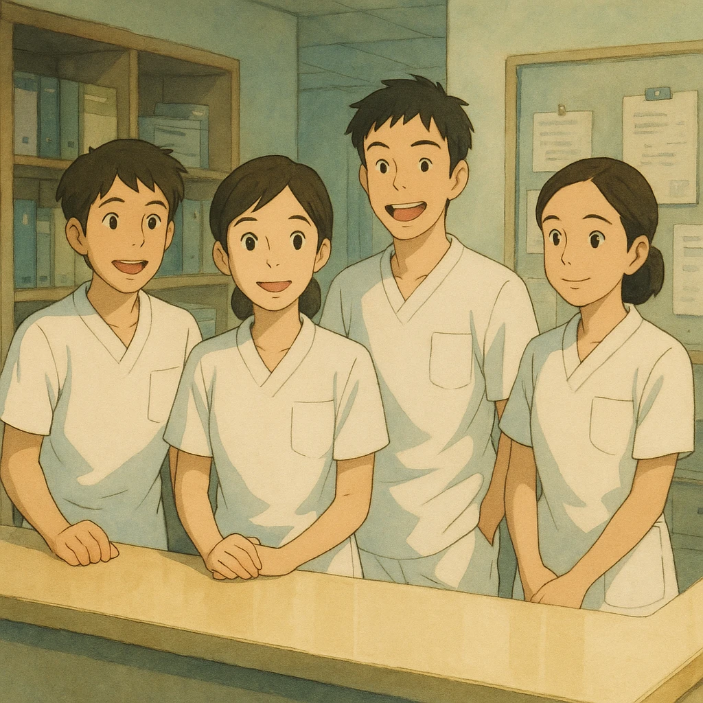 Scene of four nursing students inspired by new photos, in a care station, Ghibli style, white short-sleeve medical uniforms with V-neck and left chest pocket, no accessories, team atmosphere. emoji
