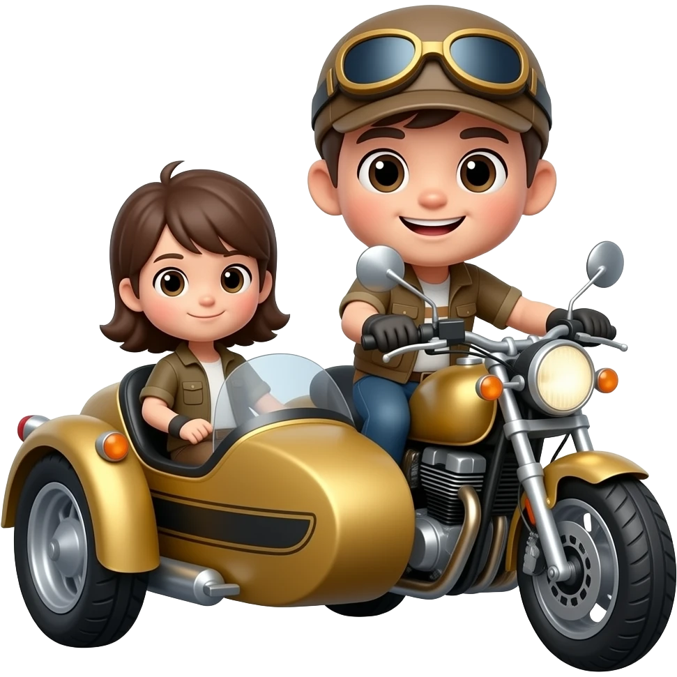 Sidecar SLO: 3D emoji style, glossy surface, soft shadows, white background, centered, no text, cute character riding in a sidecar motorcycle, goggles on, adventurous grin, gold and black tones, no defined gender emoji