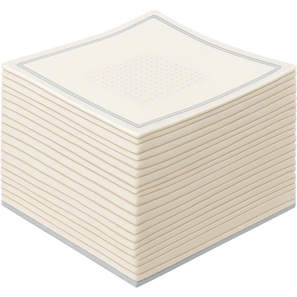 Add a subtle and elegant colored border to the stack of soft white paper napkins. Maintain soft lighting and subtle shadows. The background should be transparent with no background visible. emoji