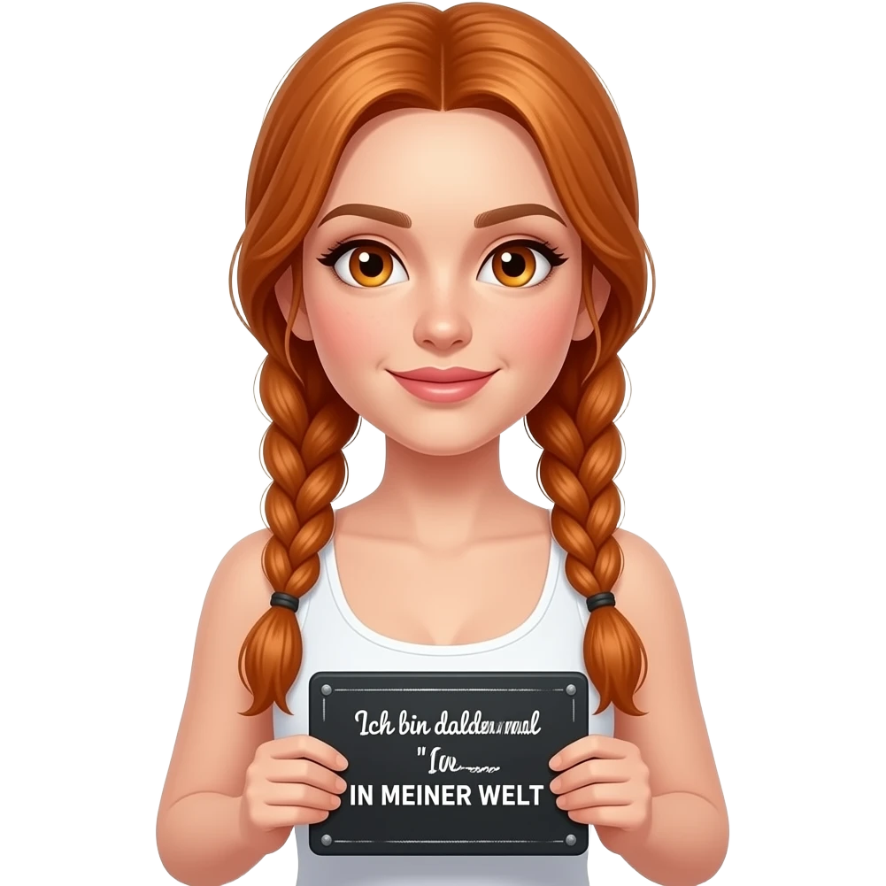sexy girl with long ginger braids and ginger eyes wearing a white tanktop is holding a black sign with Ich bin dann mal IN MEINER WELT written on it emoji
