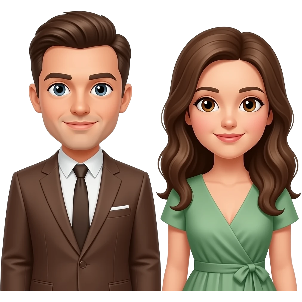 Groomsman brown suit no tie and bridesmaid sage green dress brown eyes emoji