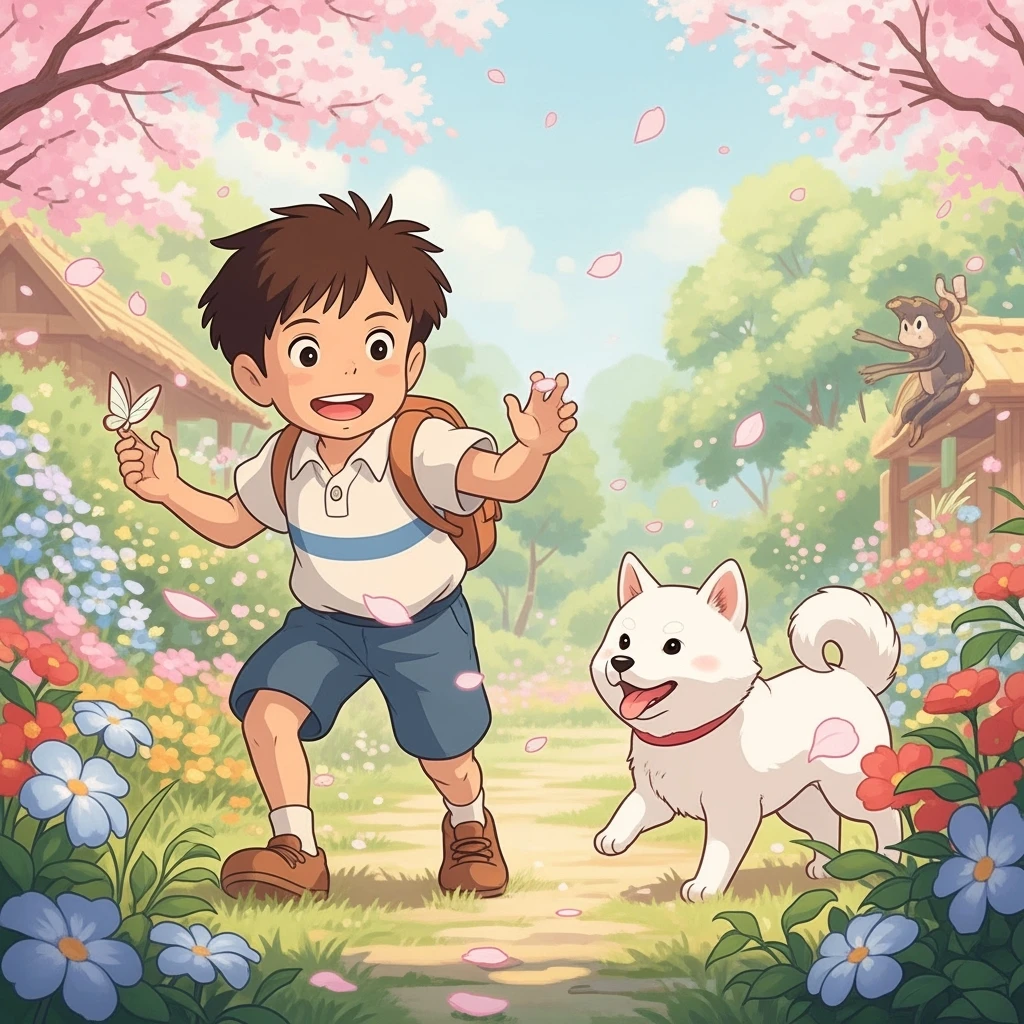 kid and his pet dog in studio ghibili style emoji