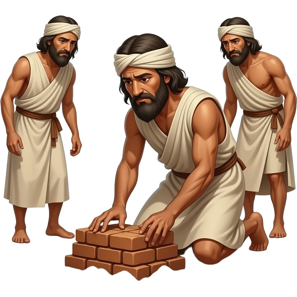 Hebrew slaves from biblical times wearing draped clothing skinny and sick under the hot sun creating bricks out of mud and straw emoji