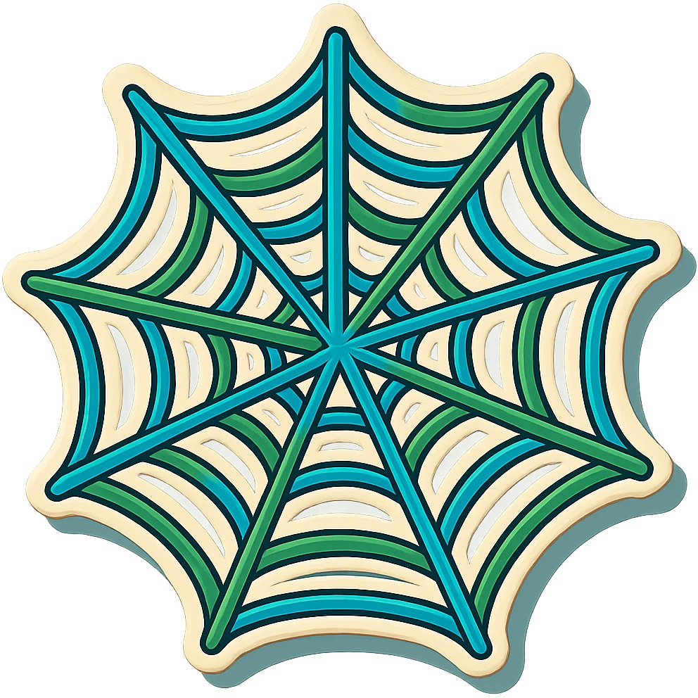 a spider web with blue and green colored outlines (no gradient), expressive shadows and highlights, transparent spaces between the web strands, blue and green lines forming patterns, segments, or alternating creatively, no fill between the lines, playful and dimensional look emoji