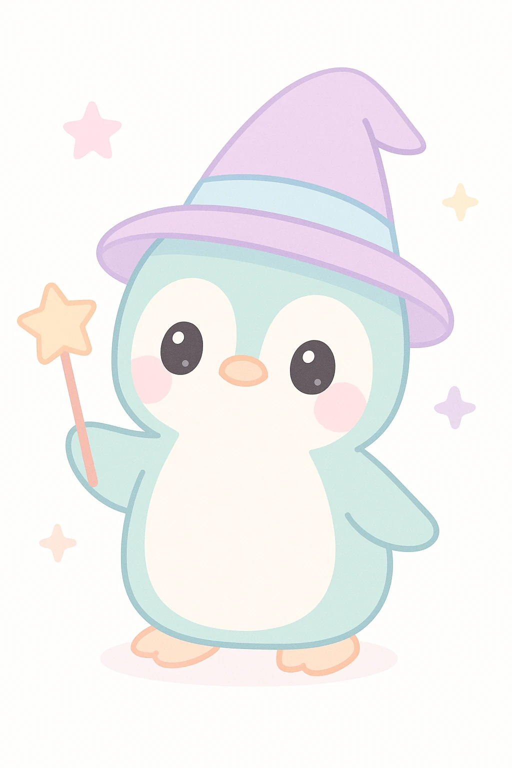 wizard penguin, magical hat, holding a wand, fantasy, cute emoji