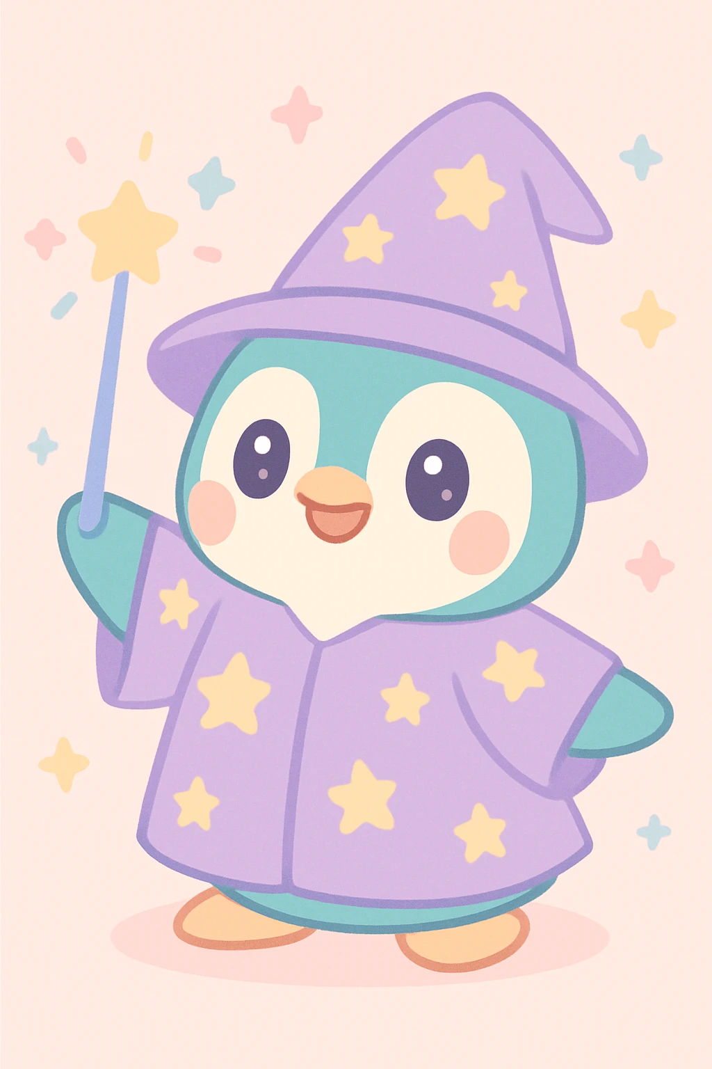 adorable penguin wizard in a starry robe, casting a spell, big eyes, pastel palette emoji