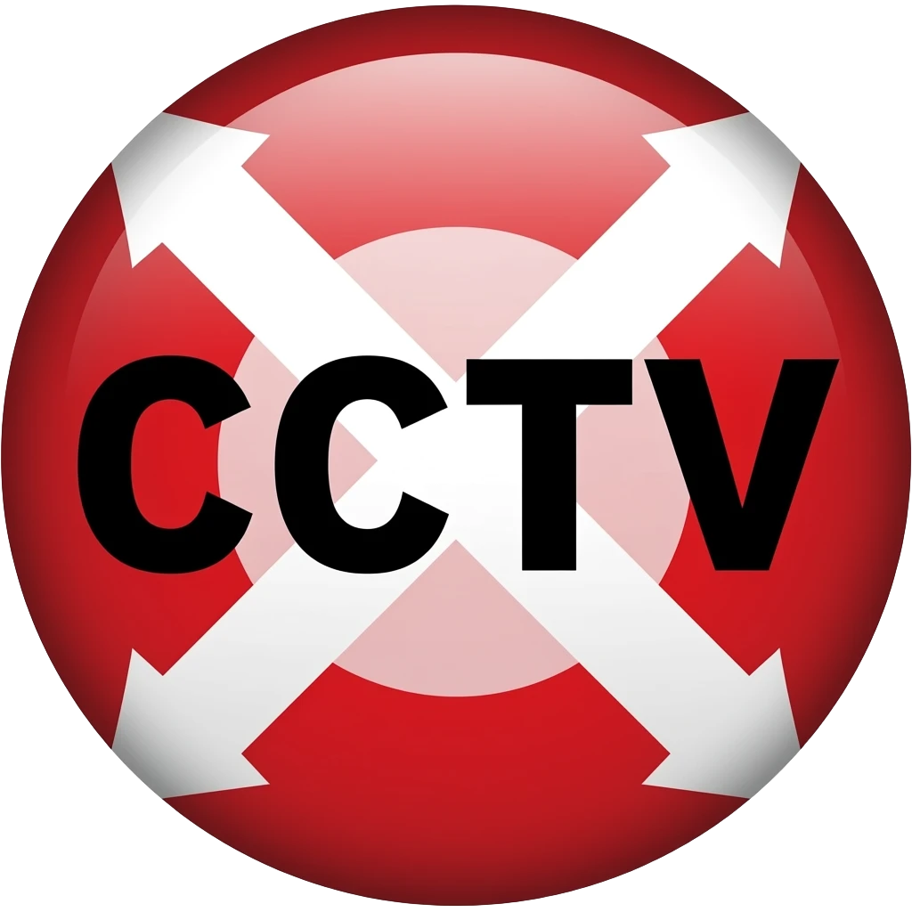 Red filled circle with white X and arrow on all end points on the X white circle in the middle. Big bold CCTV word in the centre in black emoji