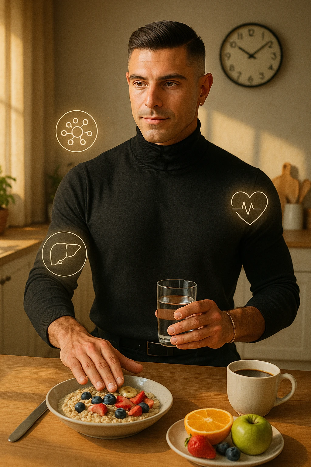 A realistic, cinematic illustration of a man in his early 30s with a fit, healthy appearance, standing in a bright kitchen in the morning. The kitchen table has a prepared but untouched healthy breakfast (oatmeal, fruit, coffee) on it, while the man, with a calm and focused expression, gently pushes the plate away with one hand while holding a glass of water in the other. A wall clock in the background shows 8:00 AM, indicating the morning fasting window, while sunlight streams in, illuminating the scene. Subtle glowing icons of a regenerating cell, a clean liver, and a heart float softly around him, symbolizing the health benefits of intermittent fasting. The atmosphere is clean, minimal, and motivating, showing that the man chooses intermittent fasting consciously for health, clarity, and energy rather than weight loss alone. The color palette is warm, with natural light and a slight film grain for depth emoji