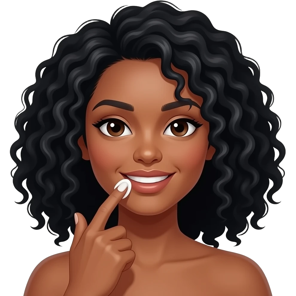 Medium dark skinned woman with black curly shoulder-length hair spreading cream above her mouth with her finger. emoji