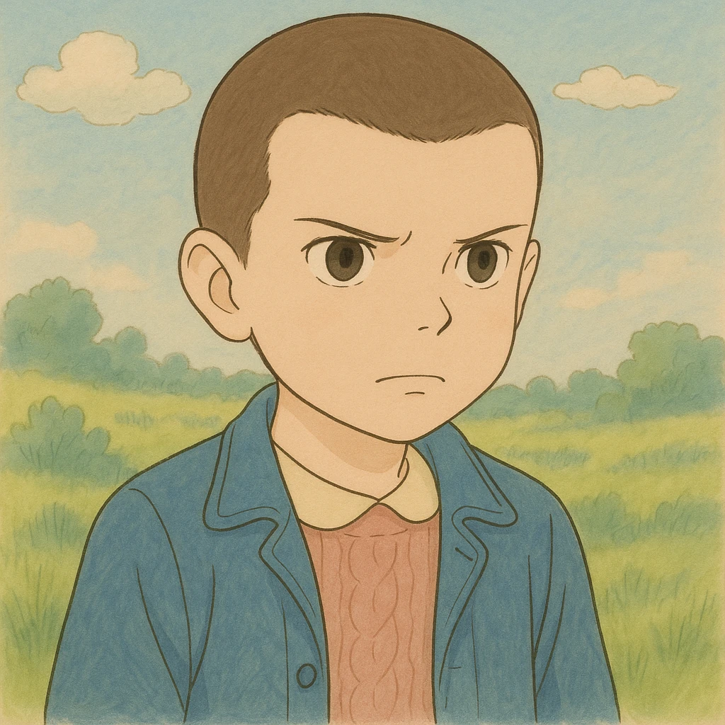 Create a version of Eleven with shaved hair, serious expression, simple and delicate line art as in the reference drawing, colored in pastel tones, with darker outlines. Style: Ghibli. Format 1:1. emoji