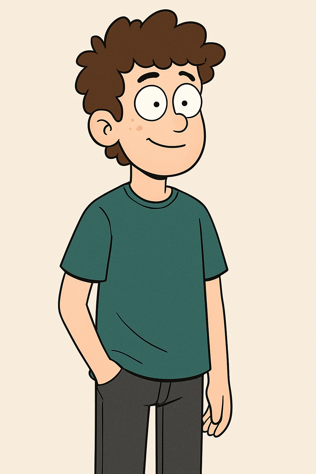 A boy brown curly hair green t-shirt Bright Blue Connector 2.0 (STSU207) black jeans emoji