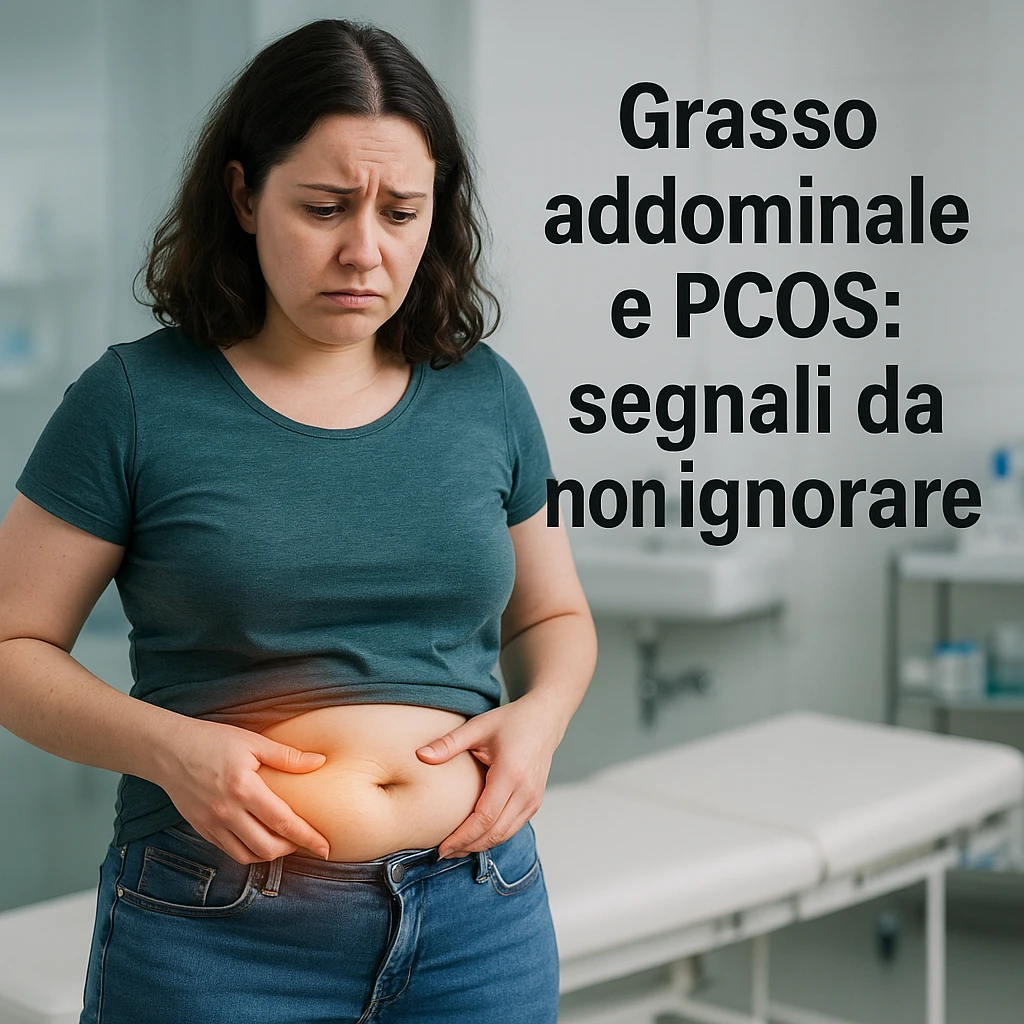woman with PCOS in casual clothing, fat accumulation on belly highlighted by light, worried expression, clinical background, Italian text: 'Grasso addominale e PCOS: segnali da non ignorare', 4K quality emoji