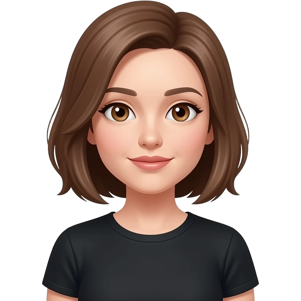 femme cheveux chatains clairs au carré, raie sur le côté droit, yeux marrons, lèvres fines, t-shirt noir emoji