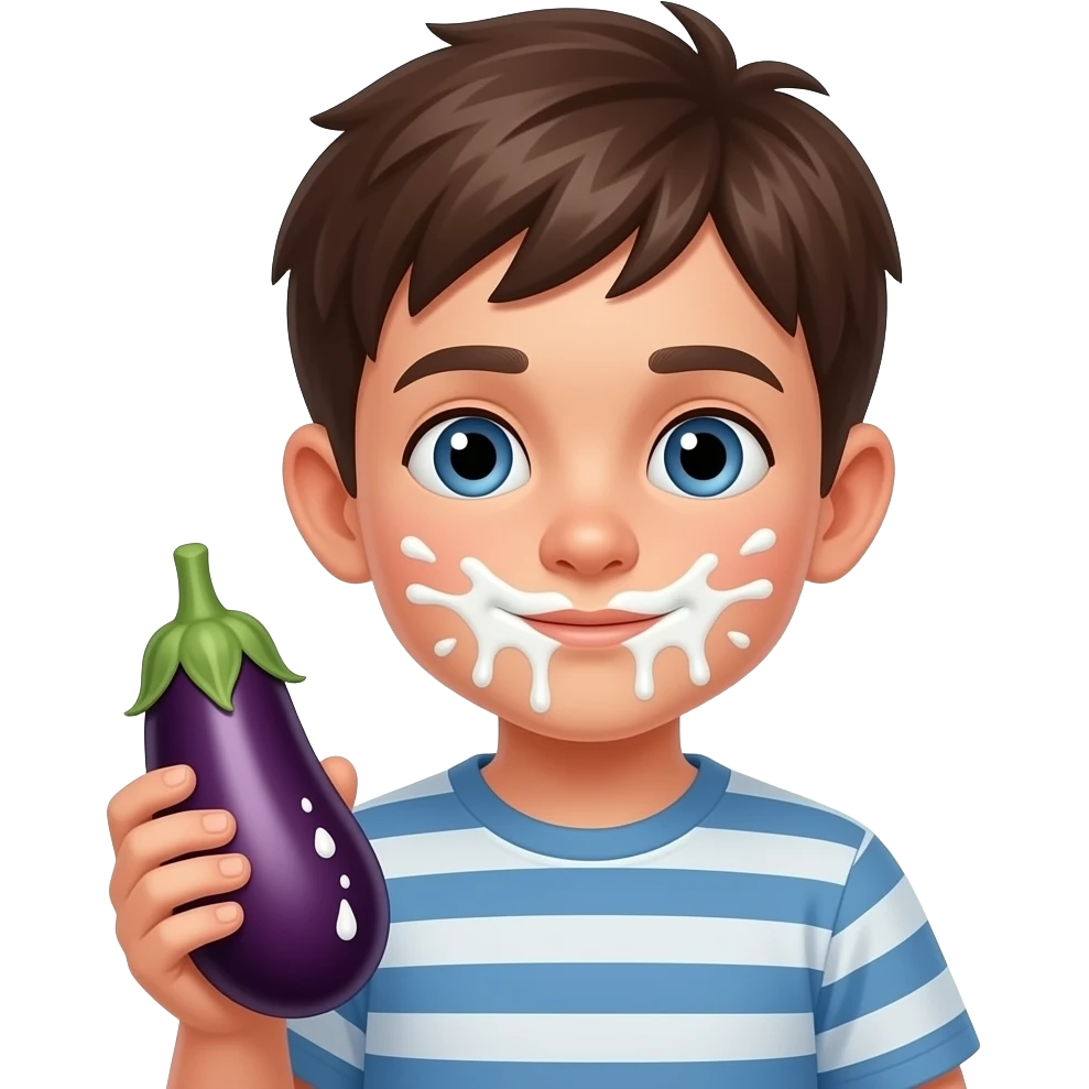 Garçon avec du lait partout sur la bouche et une obergine dans la main emoji