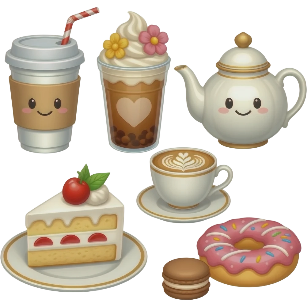 Main café items in a Barbie-inspired pastel style, including hot and iced coffee cups with cute straws or toppers, latte art designs like hearts and flowers, an elegant teapot and teacup set, and a dessert plate filled with cake slices, macarons, and donuts emoji