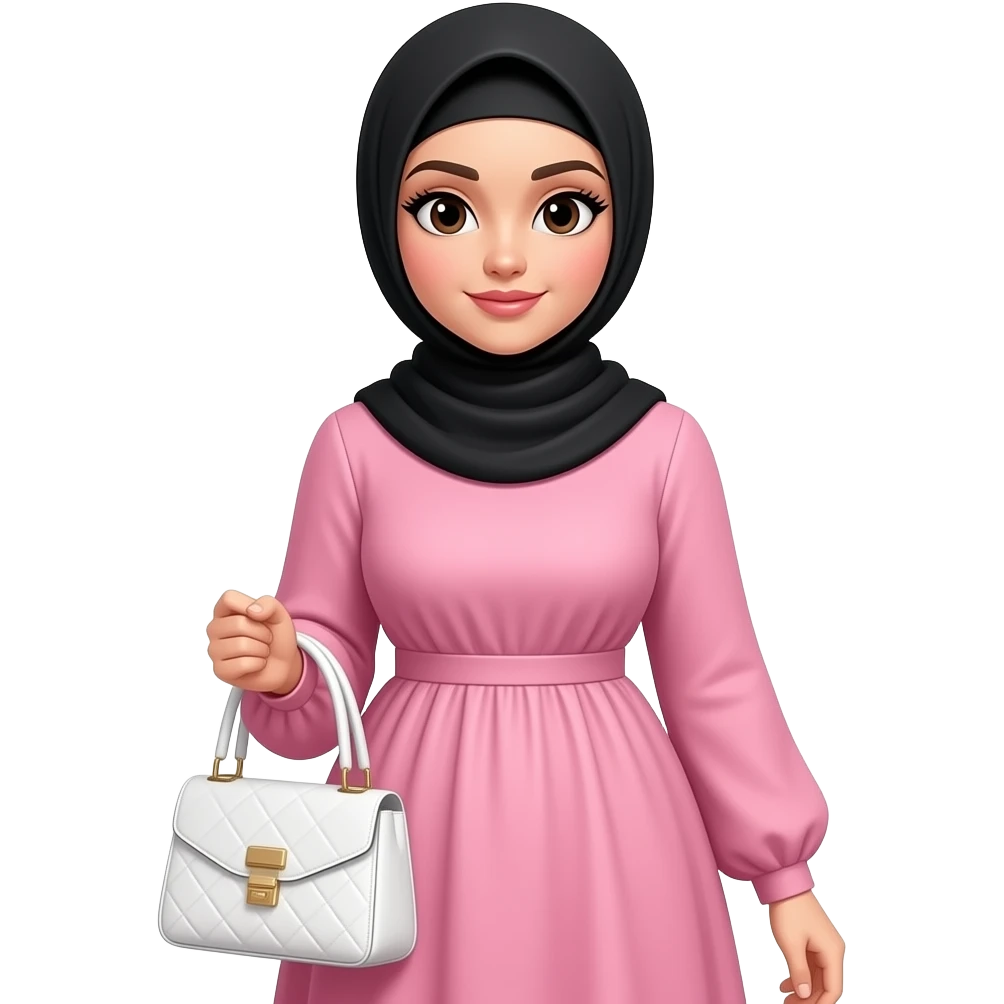 Curvy woman with pink maxi dress long sleeves, wearing a black hijab, she has white skin and black hair and  brown eyes holds a white purse and has long black eyelashes and her hair is showing at the front of her hijab in a middle part and she has a small waist and big breast and curvy hips emoji