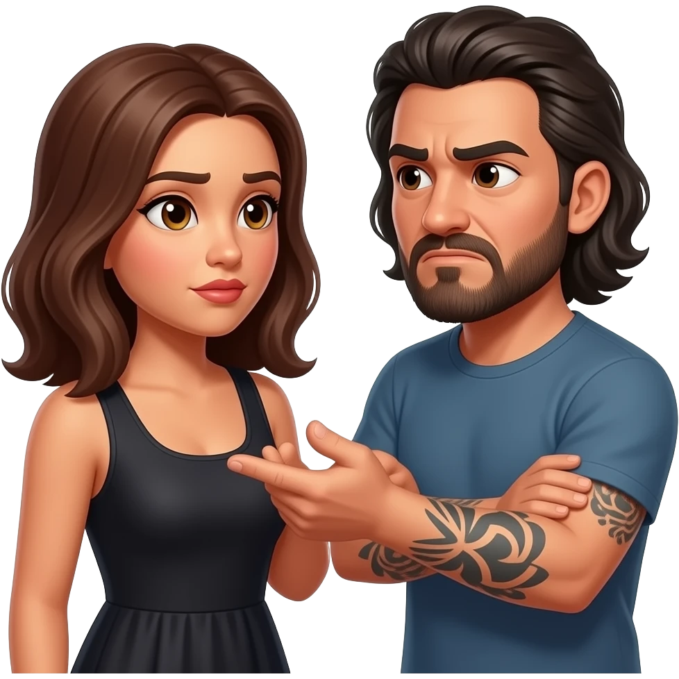 A really sad but angry Latino husband with medium length hair and beard and tattoos found out his wife was cheating on him with a bald, red bearded guy, and his wife is beautiful with hazel eyes and shoulder length brown hair and their relationship is broken emoji