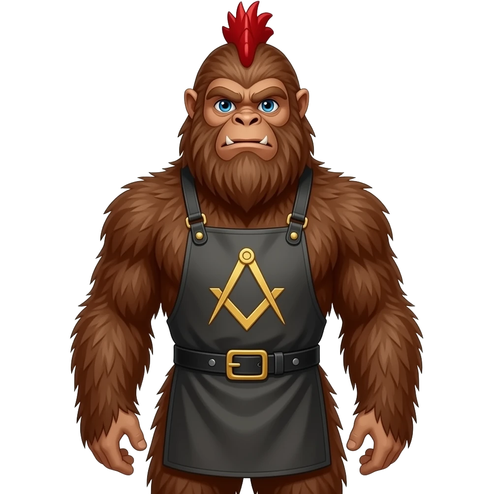 Sasquatch is a fashionable young male brunette yeti with a stylish cockerel-crested hairstyle and a Masonic apron on his belt. emoji