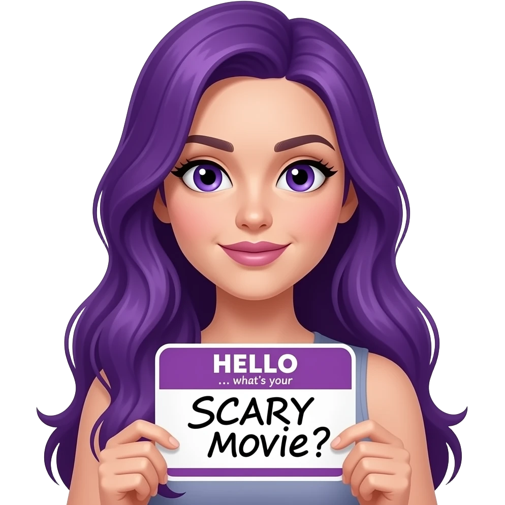 sexy girl with long purple hair and purple eyes holding a HELLO... what's your favorite SCARY MOVIE? sign emoji